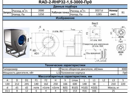 Радиальный вентилятор RAD-2-RHP-1.5-3000-R-0
