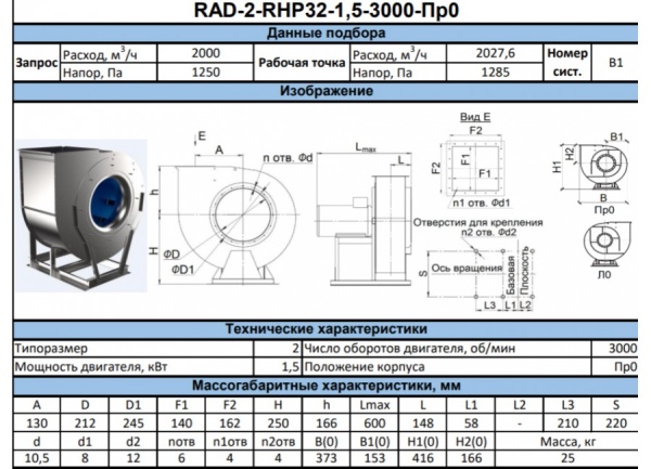 Радиальный вентилятор RAD-2-RHP-1.5-3000-R-0
